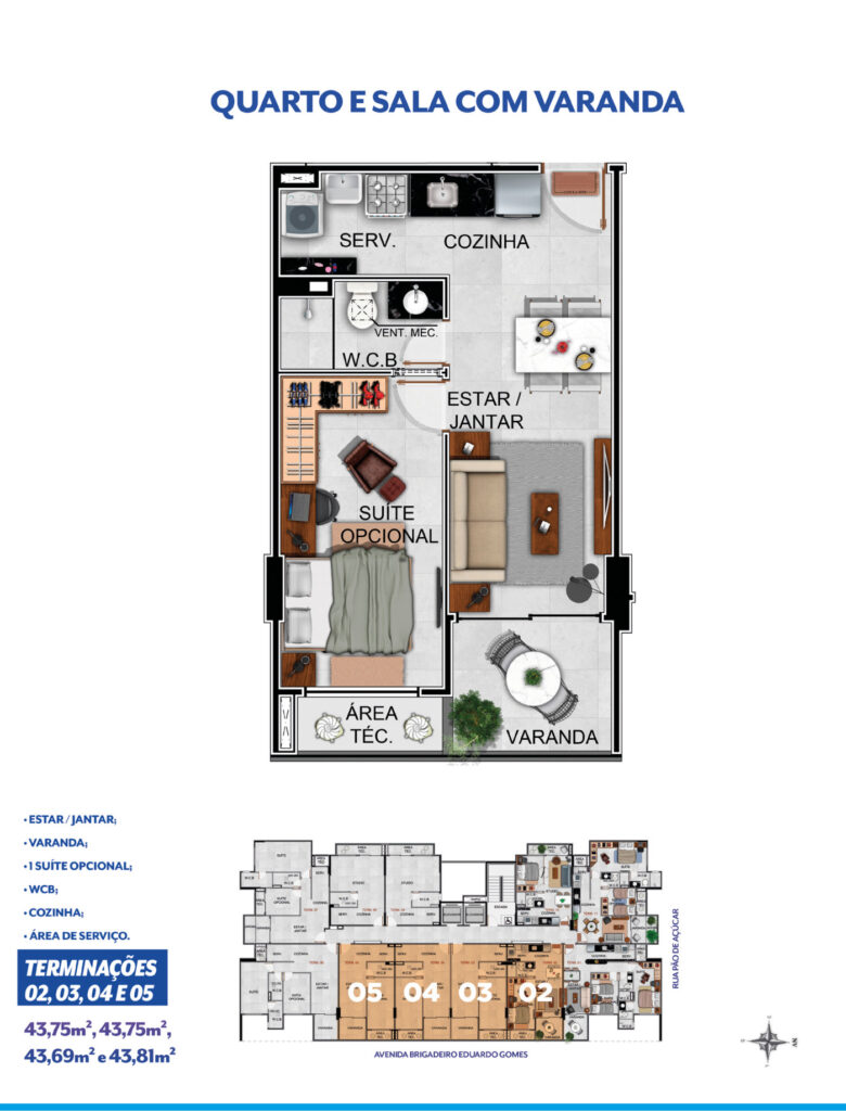Quarto e sala — terminações 02 a 05