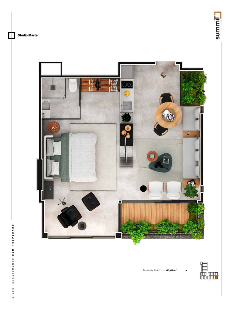 Exemplo: Studio Master — unidade 401, 49,47 m². As plantas variam por unidade.